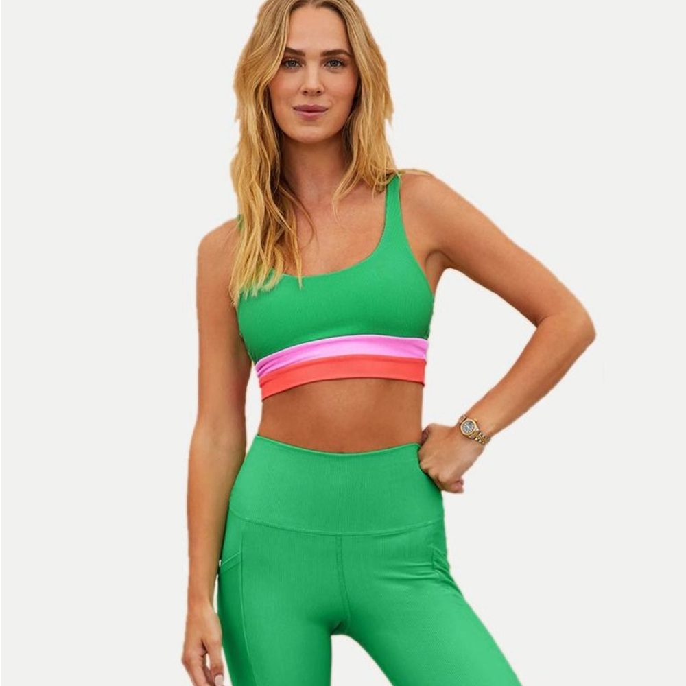 Beach Riot Green Eva Sports Bra with Pink and Orange Accents